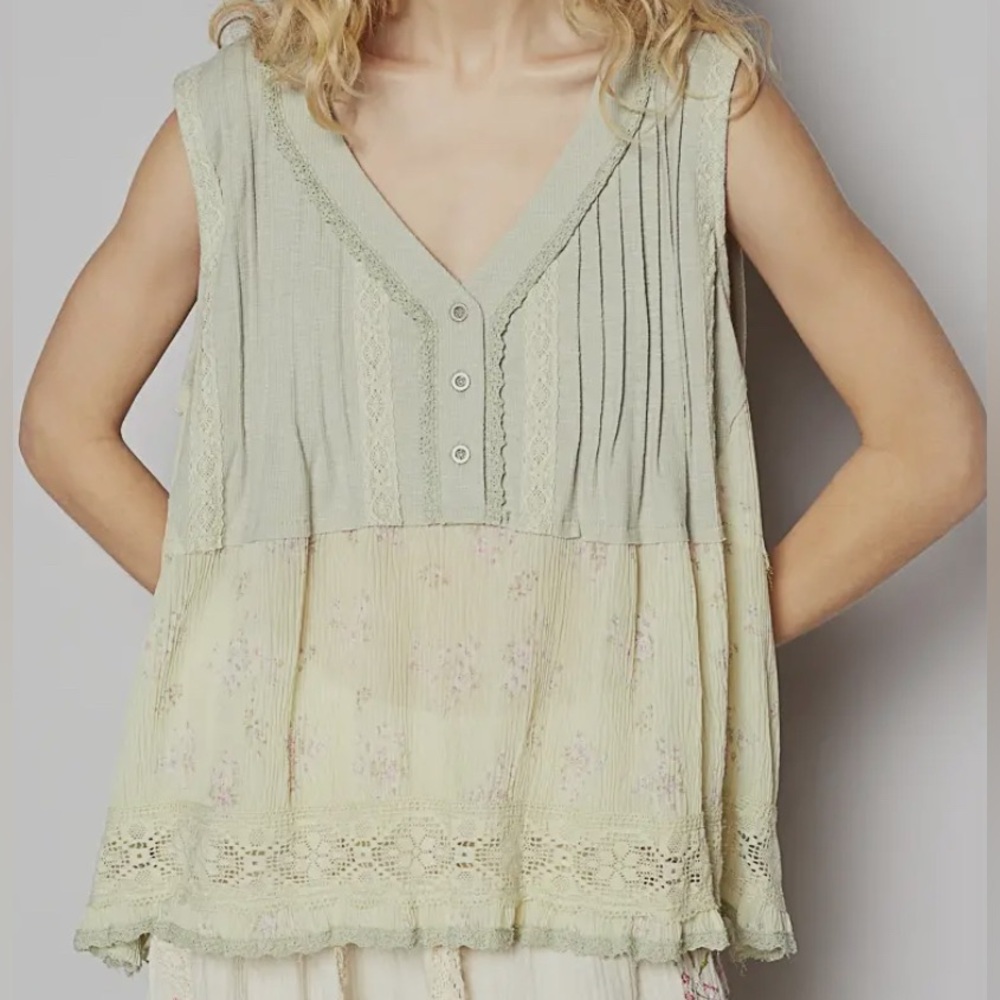 Spring POL 2025: Pale Sage Green Soft Pink Floral cream Lace Trim Top